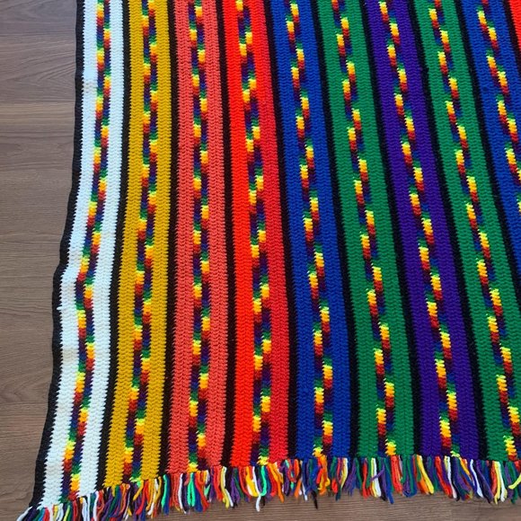 VTG Handmade Rainbow Striped Fringed Afghan Throw - Picture 3 of 10